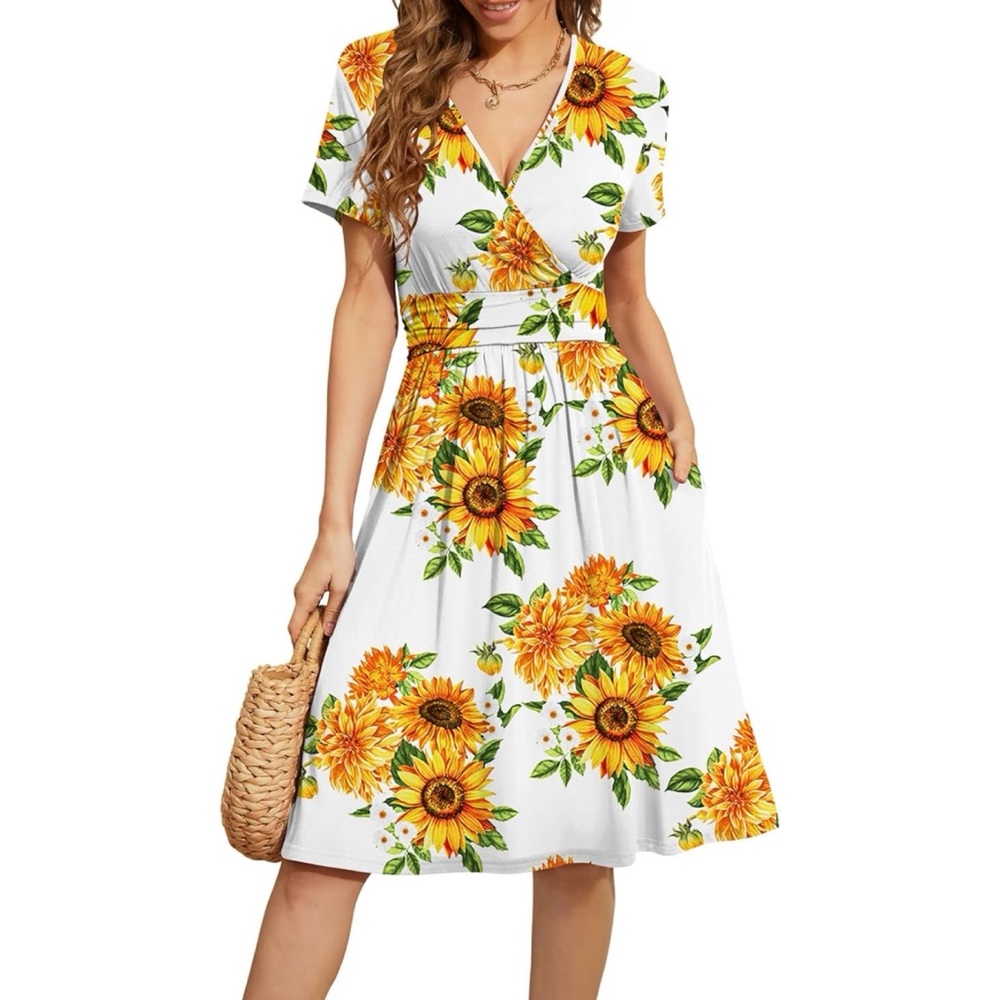 WEACZZY Sunflower Wrap Dress M – Spring Floral Midi with Pockets